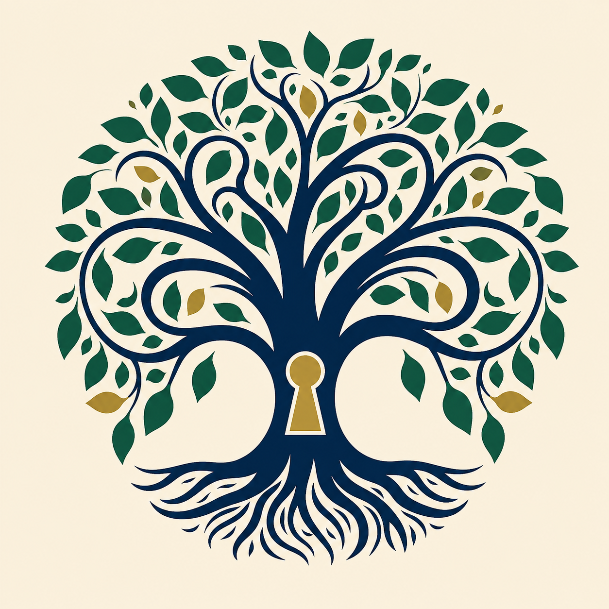 Tree of resilience with deep roots and a gold keyhole